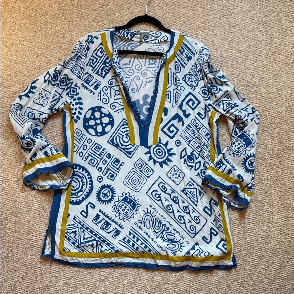 Conditions Apply Beaded Blue, White & Yellow Women's Caftan Cover Up O/S